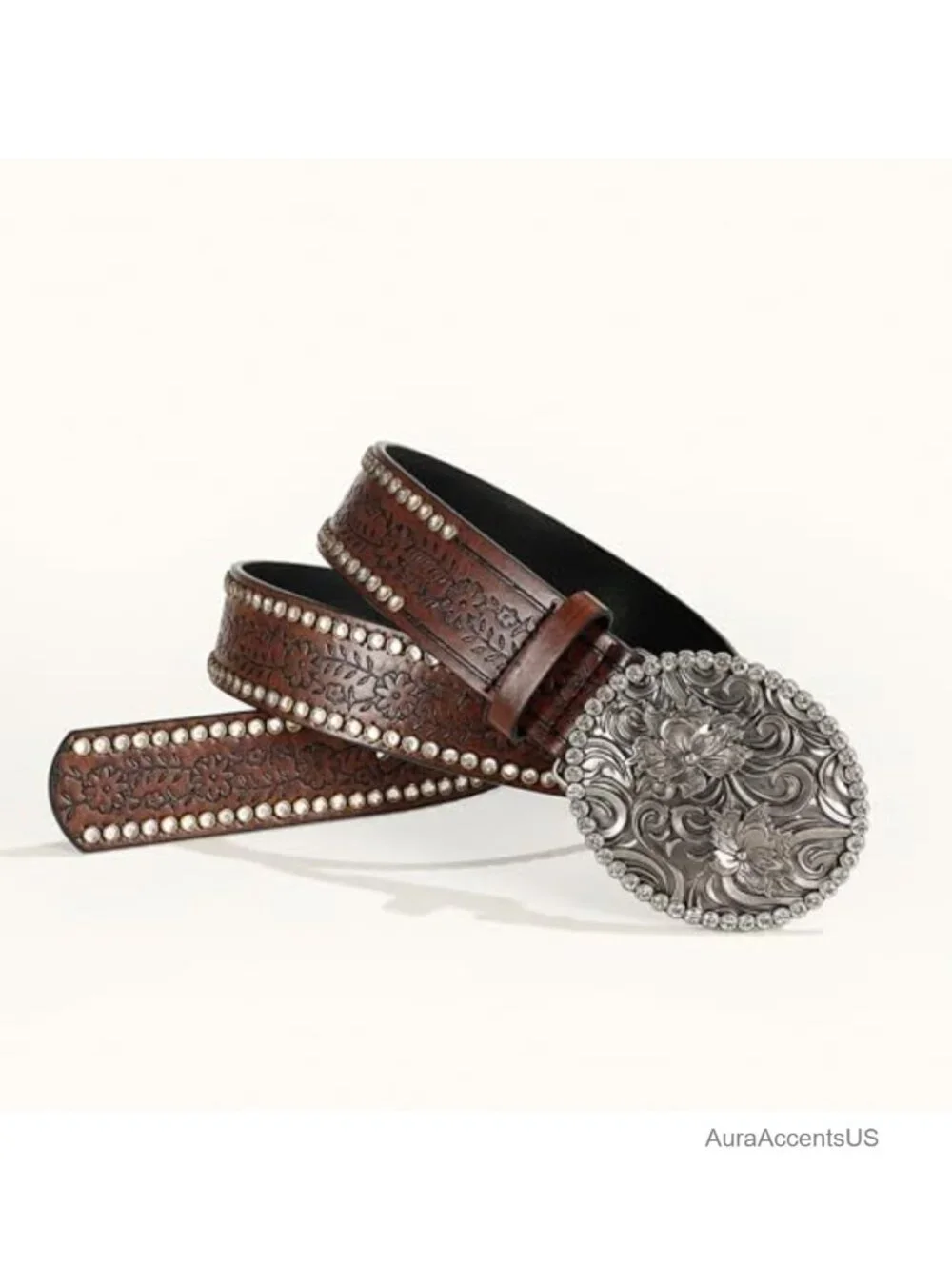 Cowgirl Belt Rhinestone Oval Buckle Embossed PU Leather Western Belt for Jeans